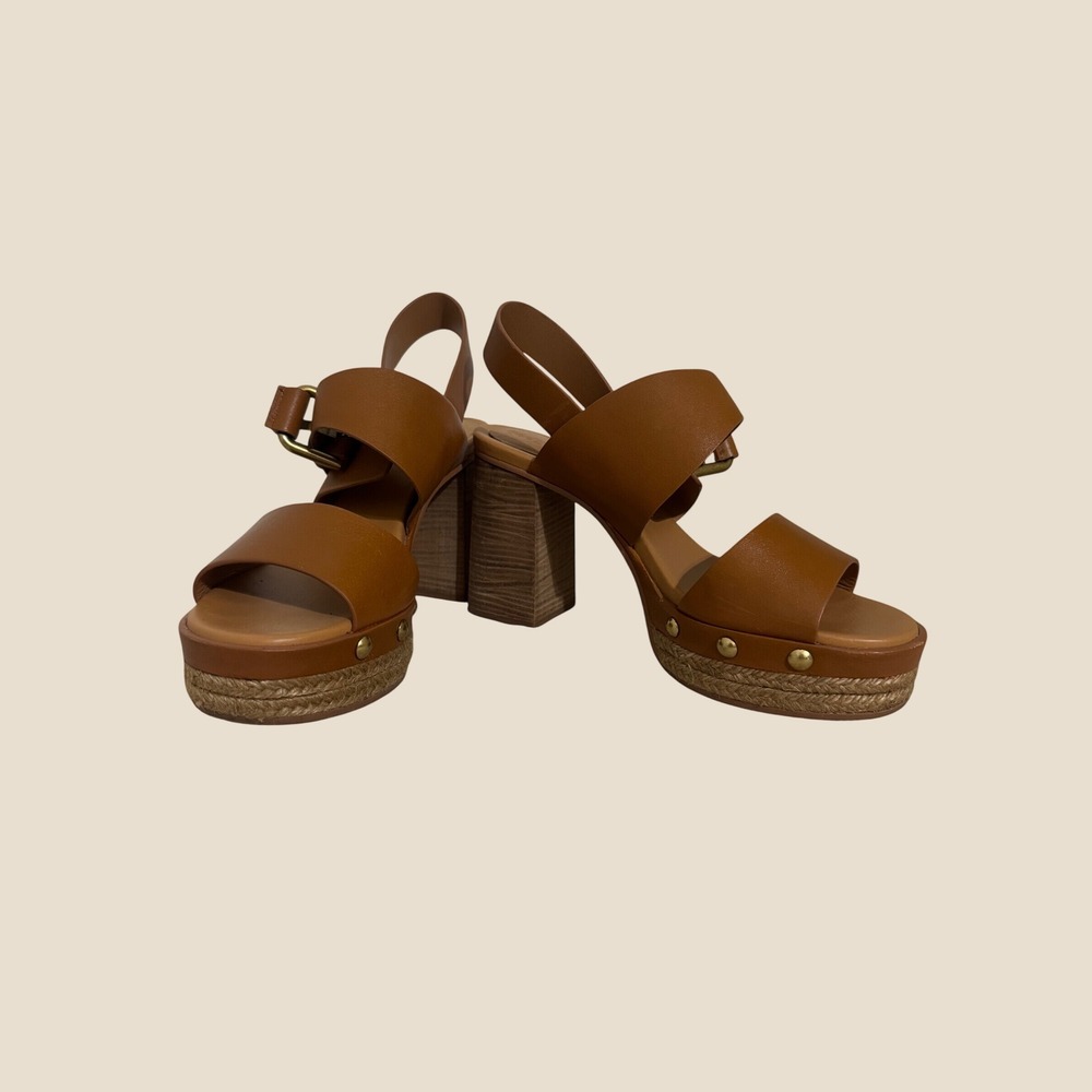 See By Chloe Joline Tan Leather Platform Block Heel Espadrille Sandals Size 38.5